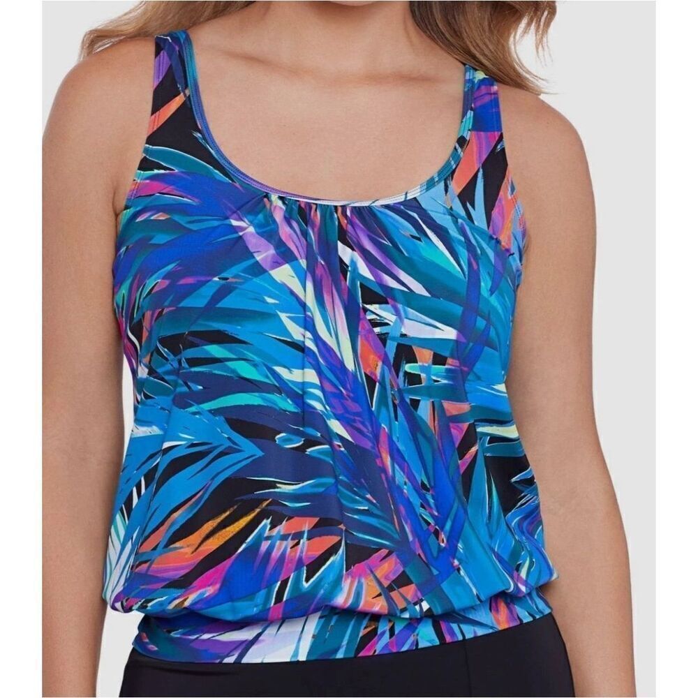 Swim Solutions Women's Blouson Tankini Colorful Top Underwire Swimwear Size 8